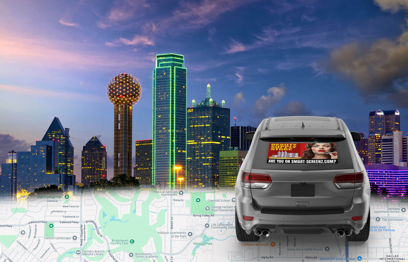 SUV with SmartScreenz LED display showing a beauty supply store ad